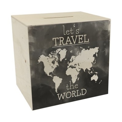 Spardose aus Holz mit Weltkarten Motiv und Text - let's travel the world in