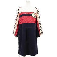 GUCCI Dress Size Large Women Lace x Jersey GG Interlocking Logo Navy Red Ivory