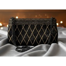 Vintage 1950s Beaded Purse Bag Hong Kong Gold Black W/ Shoulder Strap Winklemans