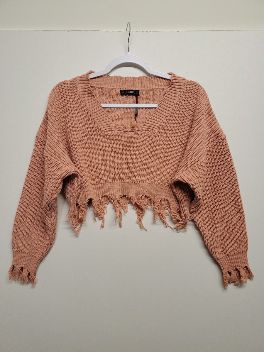 Zaful Sweater One Size NEW Frayed Salmon V Neck Long Sleeve Boho
