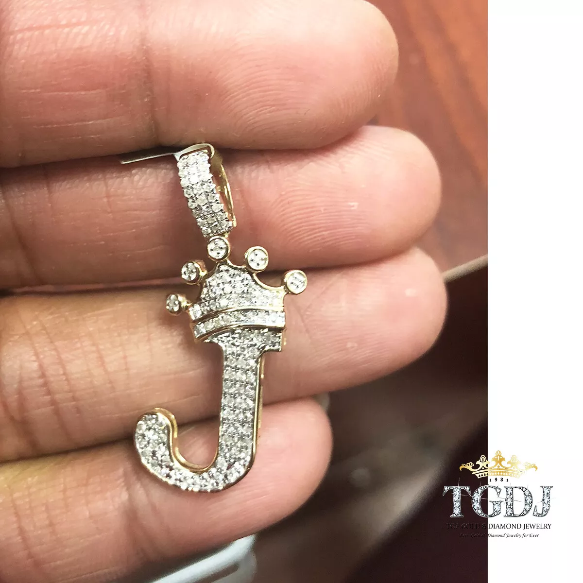 Initial J King Crown Pendant 10k Yellow Gold Letter Alphabet Custom Diamonds