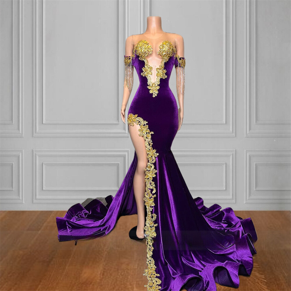 Elegant Purple O Neck High Split Beaded Gold Lace Appliques Prom Party  Dresses