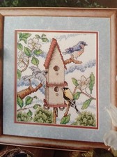 Birdhouse counted cross stitch magazine pattern, Aida & floss lot
