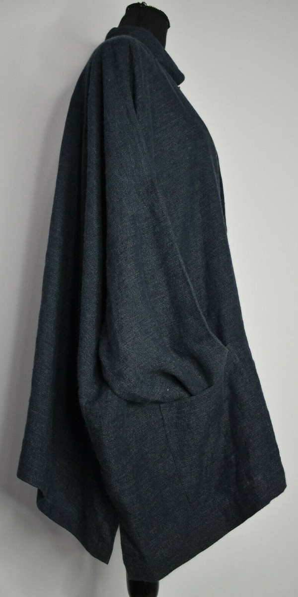 eskandar Sz 2 Blue Button Front Jacket High Collar Pockets