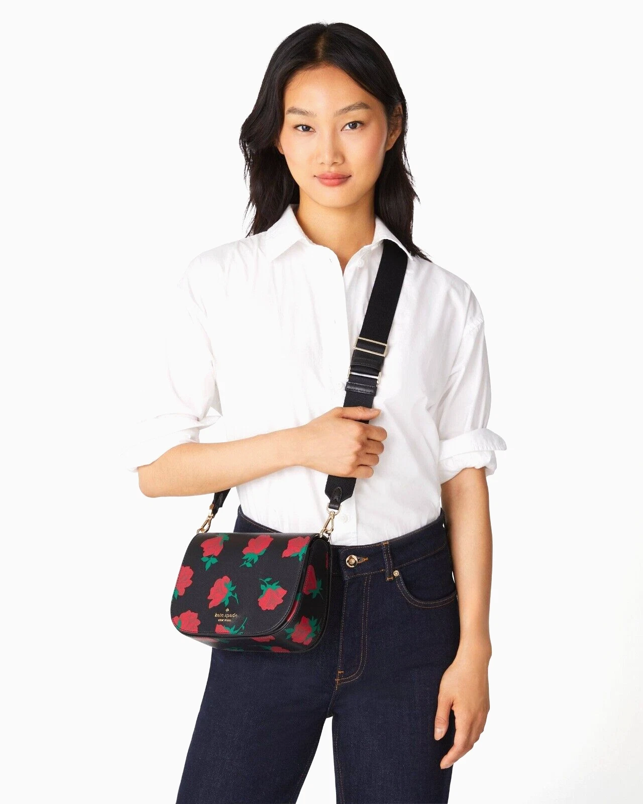 Nuova borsa da sella stampata Kate Spade Madison Rose Toss nera borsa antipolvere