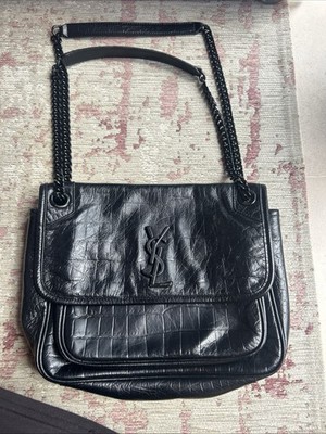 Saint Laurent Croc Embossed Leather Monogram Niki Medium Shoulder Bag