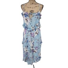 FATE Floral Tiered Ruffle Midi Dress Blue Purple Spaghetti Strap Lace Up S