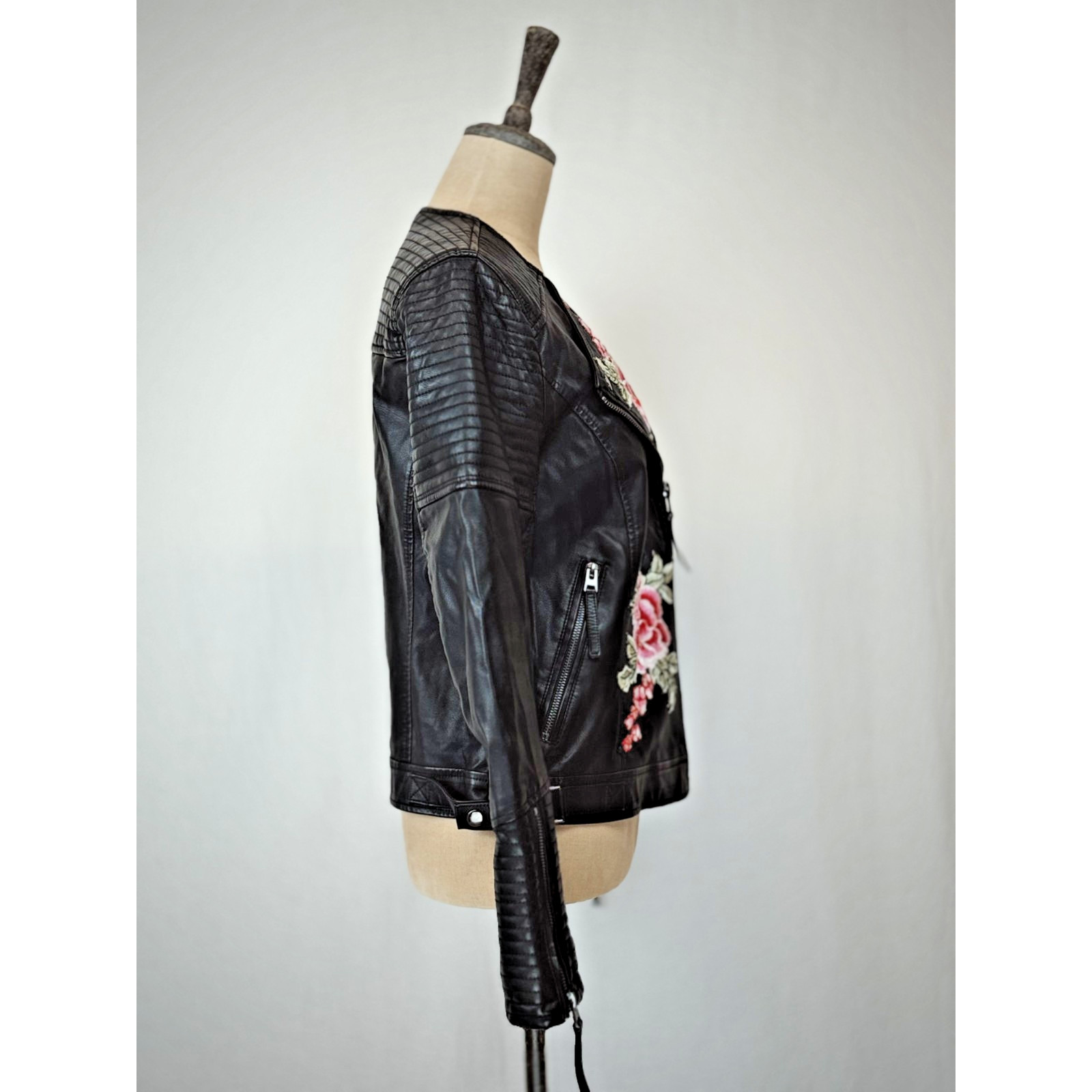 Top Shop Black Faux Leather Embroidered Moto Jacket Womens 10 / Medium #1-0166 image 4
