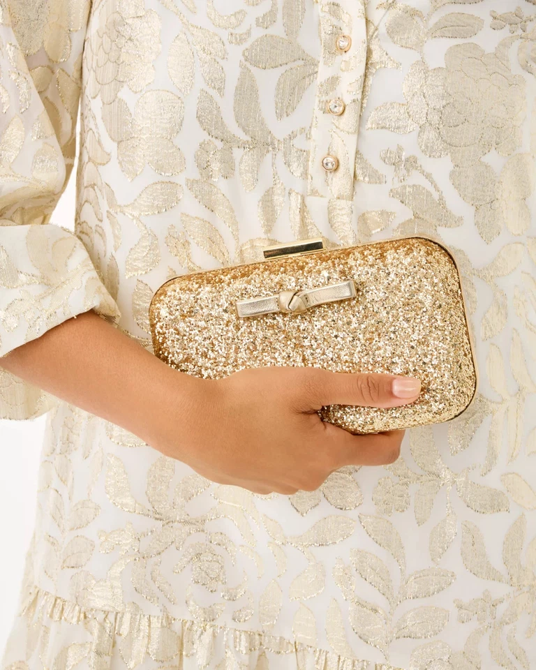 Bolso sin asas Lilly Pulitzer Wanda con arco brillante dorado metálico talla única nuevo con etiquetas. Envío gratuito Foto 2 de 4