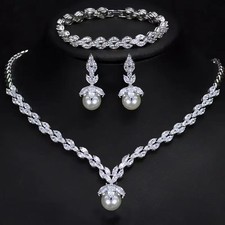 Vintage Pearl Crystal Necklace Bracelet  Earrings Set Bridal Marquise Statement