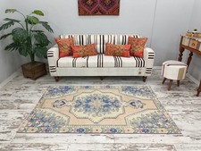 Handknotted Oushak Rug Vintage Turkish Wool 4x6 Feet Pastel Decorative