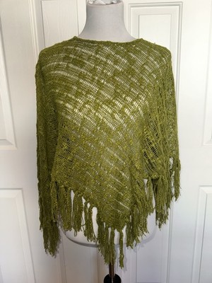 Boho Fringe Knit Shawl Olive Green Open Knit Festival Earthy Granola Indie Artsy