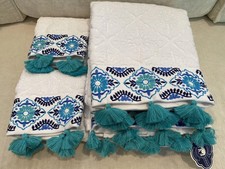 4 Pc Towel Luxury Designer Turkish Cotton Embroidered White Blue Hand Bath Guest