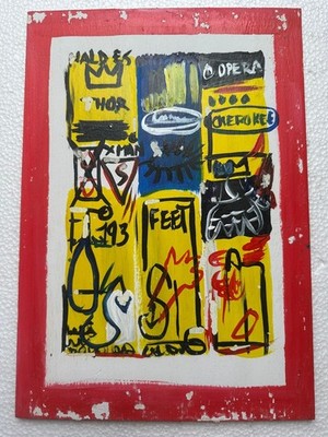 basquiat drawing and painting on old wood signed stamped vintage
