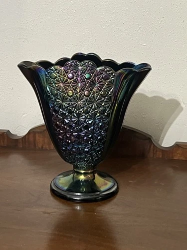 Fenton Black Button Daisy Fan Vase Oval Footed Iridescent Rainbow Carnival Vtg