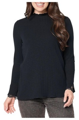 LOGO by Lori Goldstein Women's Mock Neck Ribbed Top w/ Lace Trim Black