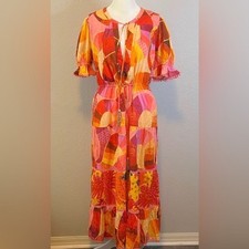Farm Rio Patch Twirl Midi Dress Orange Multi Size Medium