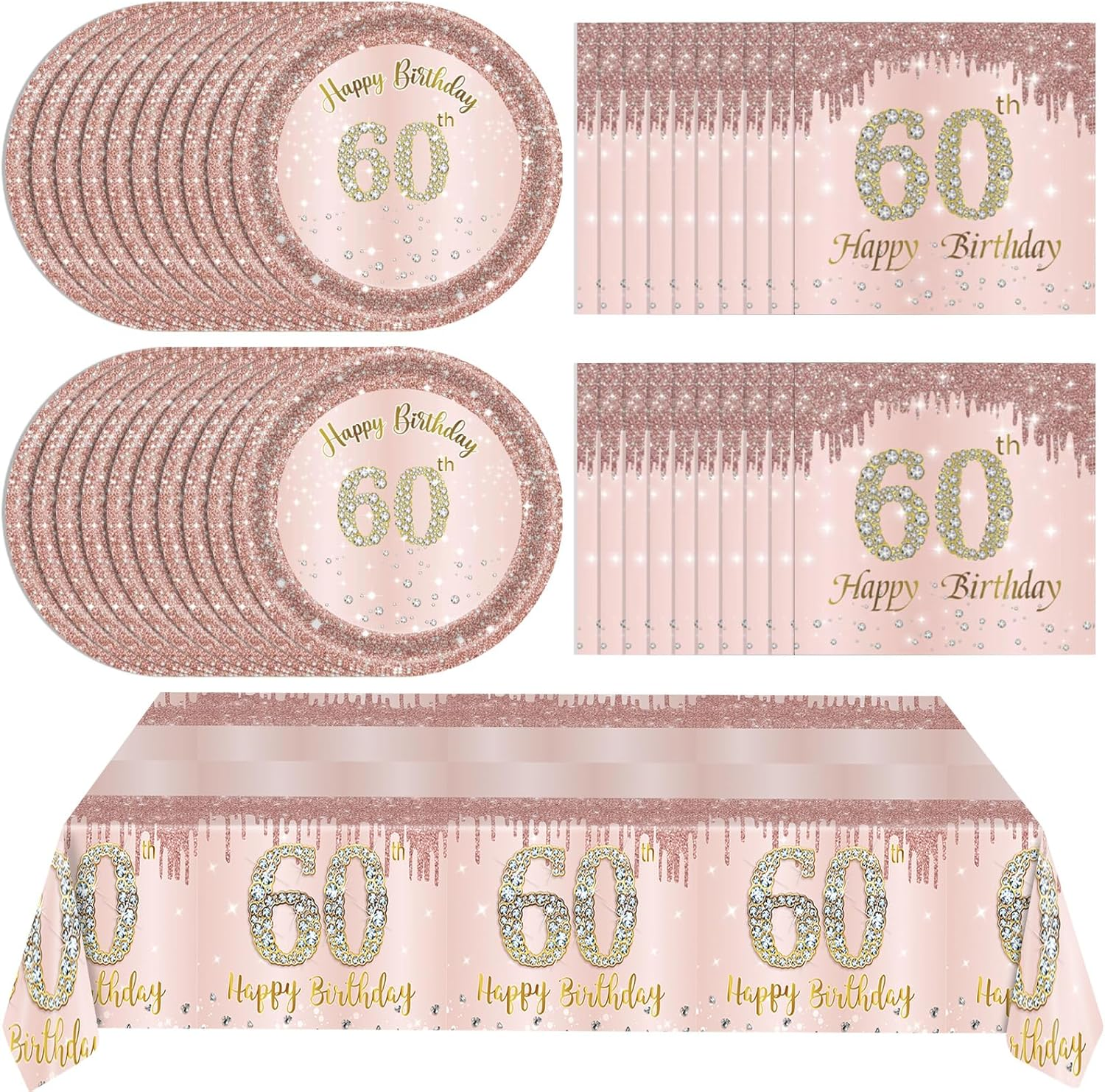 Rose Gold 60th Birthday Decorations Kit - 41 Pcs Party Supplies with 20 Rose Accents