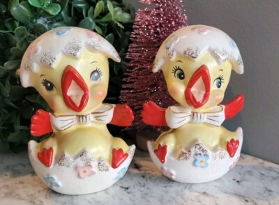 Vtg Norcrest Easter XMAS Ducks Chicks Egg Salt Pepper Shakers Anthropomorphic 