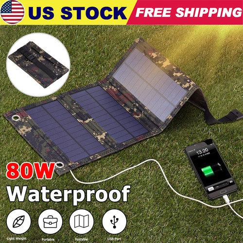 80W USB Folding Solar Panel Power Bank Outdoor Camping Hiking Phone Charger US