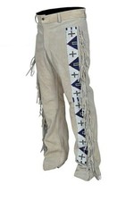 Men Native American Western Cowboy Buffalo Suede Leather Pants Fringes Beaded P4