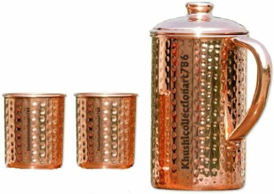 HANDMADE 100% Pure Copper Water Hammered Pitcher Jug 1500ML Drinking Tumbler Glass 300ML