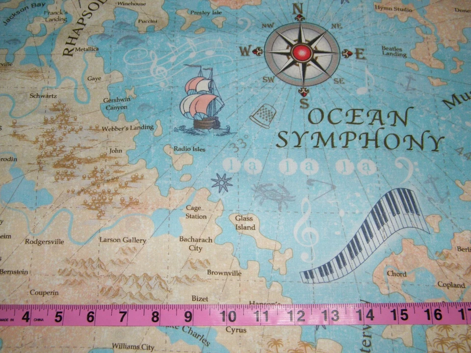 MAPA MUSICAL Timeless Treasures Fila X Fila Estampado Azul 100% Algodón Tela Edredón  Foto 2 de 3