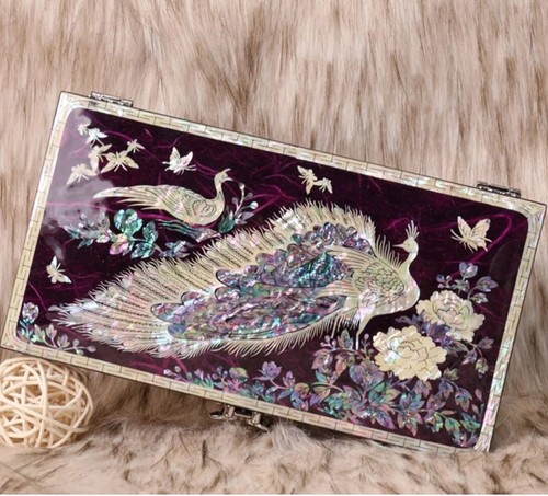 Lacquered Sea Shell Inlaid Peacock Jewelry Box Earring Necklace Crafts Organizer - Picture 2 of 14