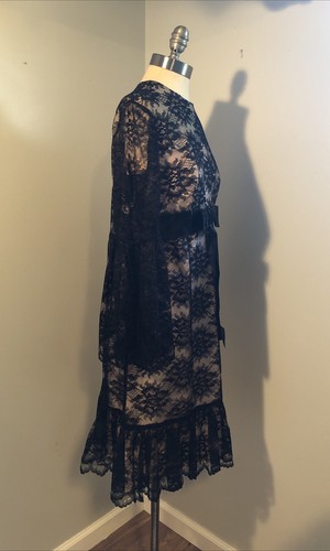 Vintage 60s Cocktail Dress Black Floral Lace Overlay Empire Bell Sleeves Mod S/M - Picture 3 of 11