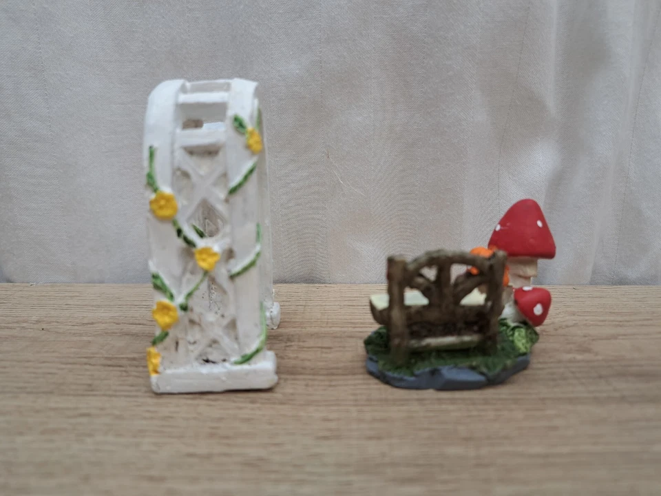 Miniature Fairy Garden White Flower Arch, Mushroom Bench Dollhouse Gnome Home - Image 3 of 4