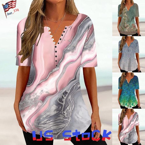 Women's Print V Neck Tunic Top Short Sleeve Casual Loose Blouse Tops T-Shirt