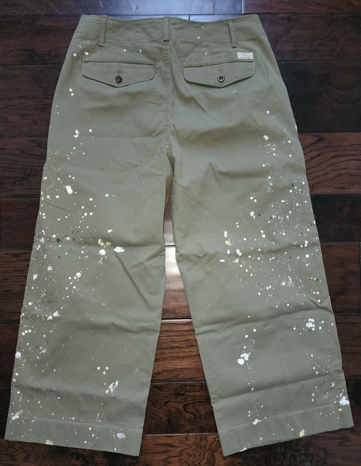 Pantalones chinos Polo Ralph Lauren para mujer pintura oliva salpicaduras pierna ancha nuevos sin etiquetas. Foto 2 de 3
