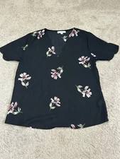 Mine Britton Womens Shirt Size Small Black Floral Print Scalloped Neckline Flowy