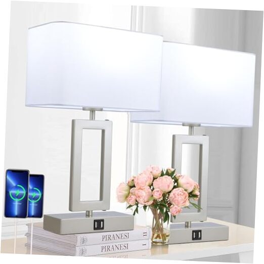 Table Lamp Set of 2 Lamps for Bedroom, Touch Control Table Medium White&Silver-image