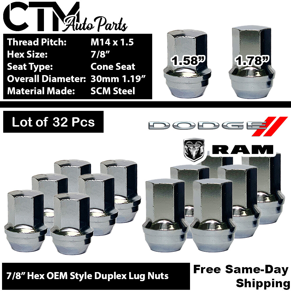 24-Pack Chrome Cone Lug Nuts M14x1.5 For 2019-2026 Ram 1500 - OEM Fit Stock Rim