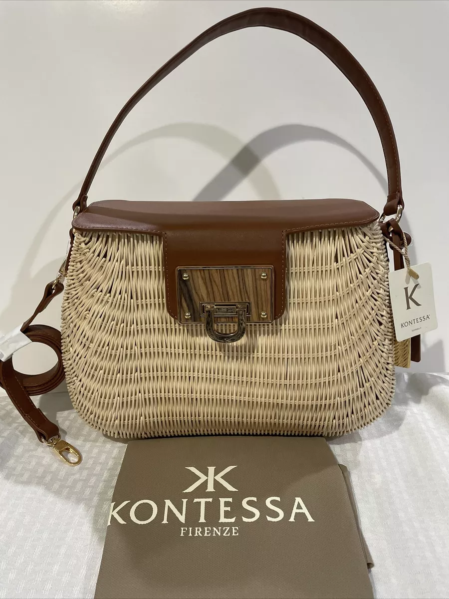 Kontessa Italian Hand Woven Rattan Picnic Satchel Gold tan Color Handbag Leather