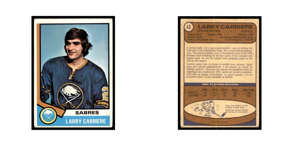 1974 O-Pee-Chee Larry Carriere (Damaged) Buffalo Sabres #43 - Image 3 of 3