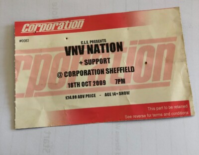 VNV NATION Ticket stub Corporation Sheffield Gig 2009 - Rare concert memorabilia