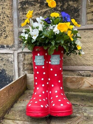 Red Welly Boot Planter Polka Dot Indoor Outdoor Flower Pot Decor Rustic Gift New