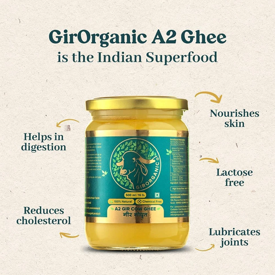 GirOrganic A2 Pure Ghee 100% Desi Gir Cow Vedic Bilona Method 500ml Glass + F/S - Image 2 of 4
