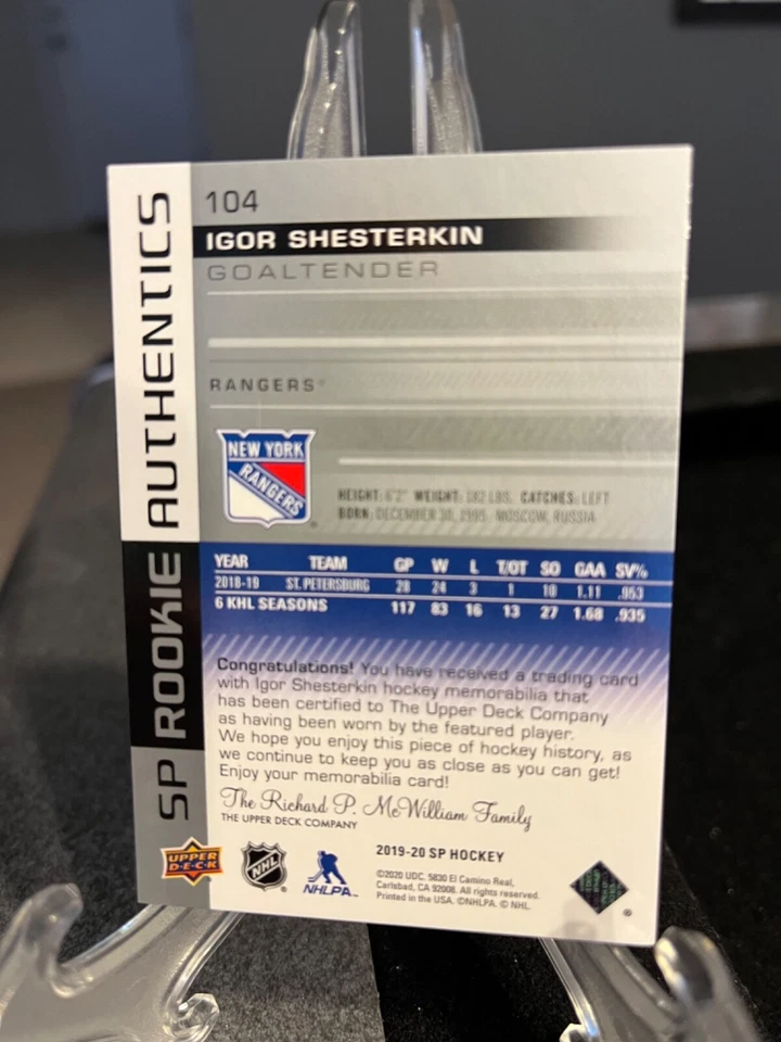 Igor Shesterkin 2019-20 UD SP Rookie Authentics Jersey #104 - New York Rangers - Image 2 of 2