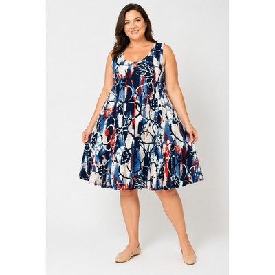 Studio Works Womens XL Blue Red White Abstract Floral Sleeveless Fit Flare Dress