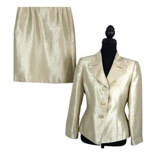 LeSuit Petite Champagne Gold Skirt Suit Set Evening Shiny Shimmer Satin Women 6P