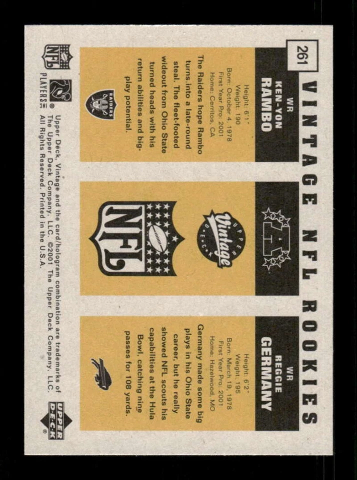 2001 Upper Deck Vintage NFL Rookies 261 Reggie Germany Ken-Yon Rambo BXCP38 - Image 2 of 2