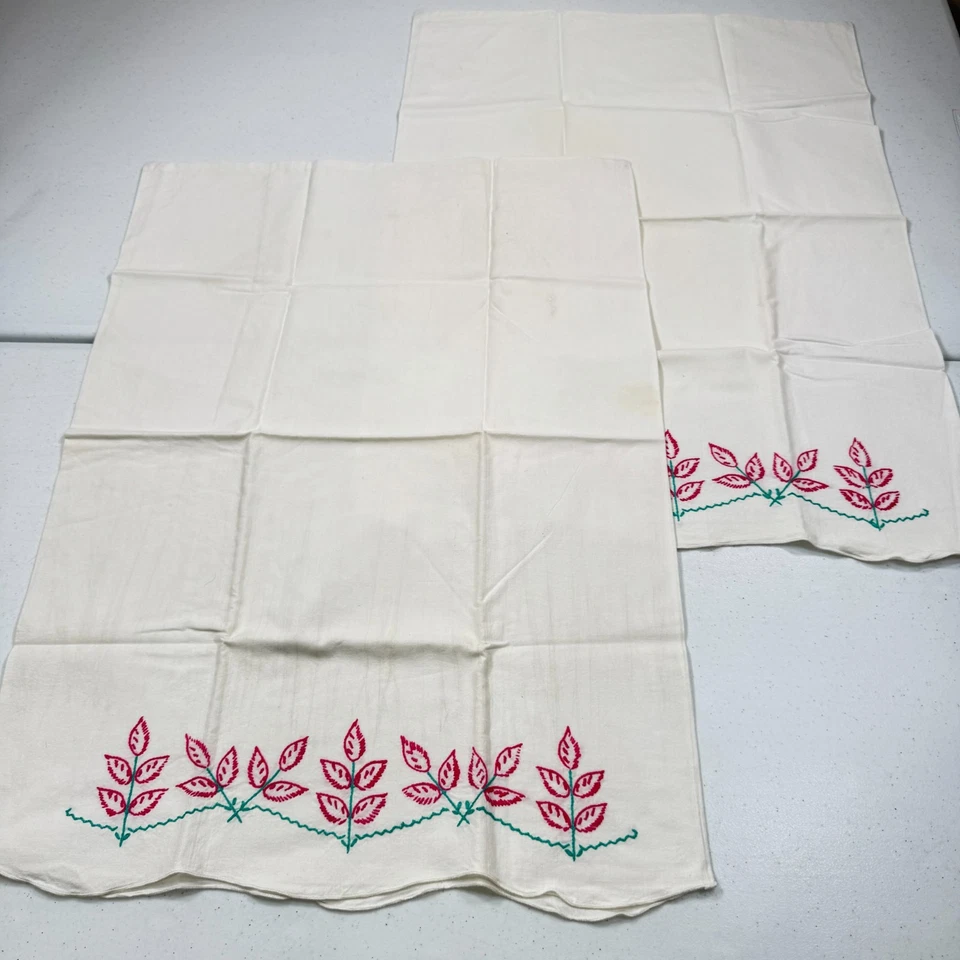 vintage pillowcase standard pair floral leaves embroidered mcm retro - Image 2 of 4