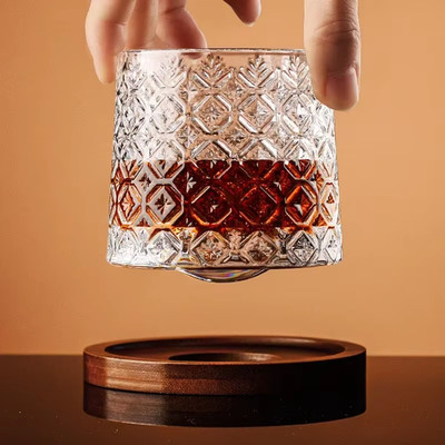 Rotating Crystal Whiskey Glass with Base - Spinning Brandy & Scotch Tumbler Cup