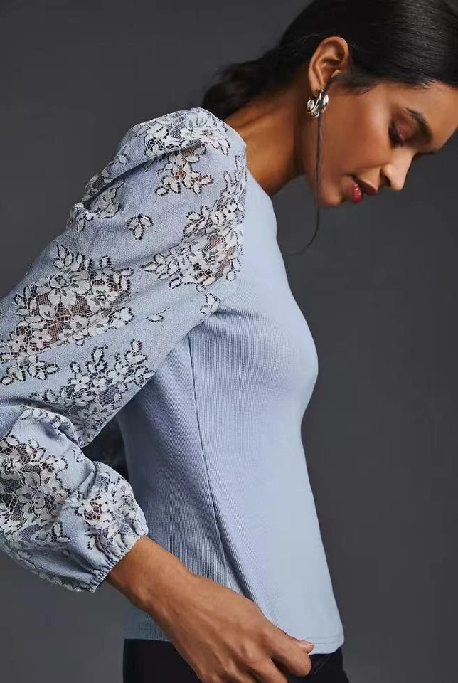 NWOT Anthropologie DOLAN Lace Puff-Sleeve Top Blue Size L Long sleeve - Image 3 of 4