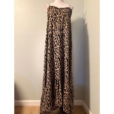 Flawless Black Tan Abstract Ruffle Spaghetti Strap Maxi Dress M boho whimsi Y2K