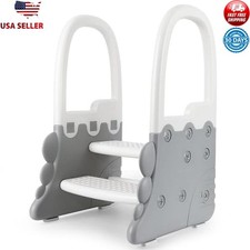 Toddler 2-Step Stool Non-Slip Handrails Learning Helper Kitchen Bathroom Plastic