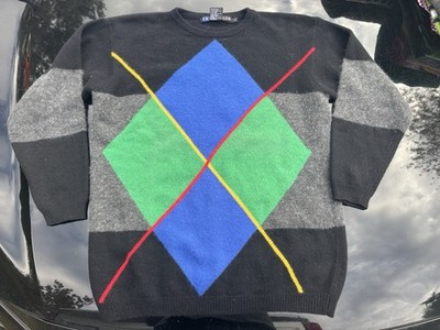 Vintage IB Diffusion Sweater Mens Small Black Pullover Argyle Wool Angora Rabbit